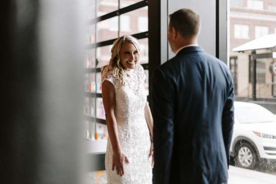 Bride and groom's first look during their Crossroads wedding