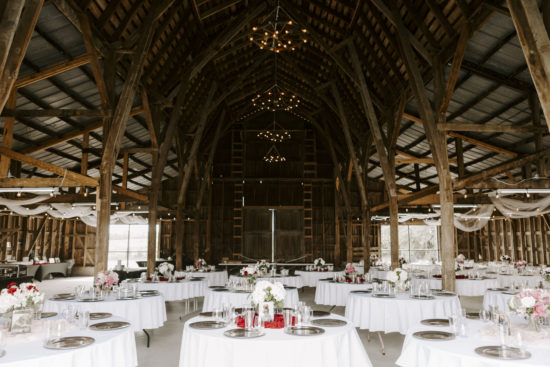 Barn decorated for the reception of a Kansas farm wedding