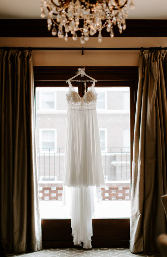 Wedding dress hangs at Loose Mansion