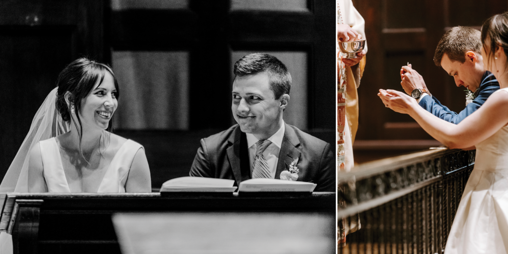 Left, the couple smile at each other during their wedding ceremony. Right, the couple take communion during their wedding.