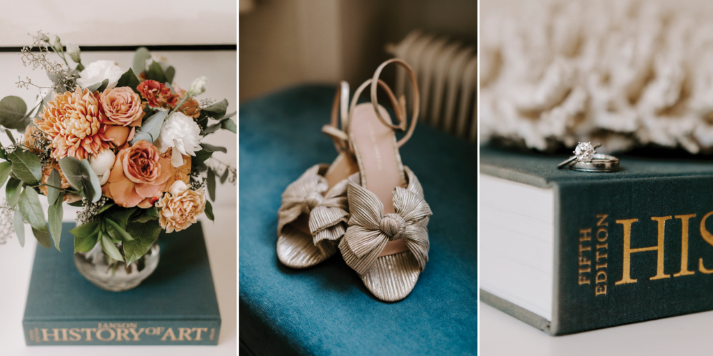 From left to right are a bouquet of flowers, wedding shoes, and the couple's rings sitting on top of the "History of Art" book at The Truitt Hotel in Kansas City. They were all part of this upscale Kansas City wedding.