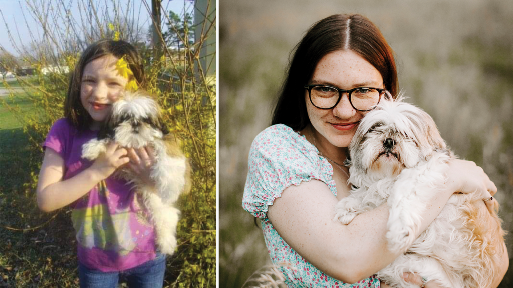 Two photos show the same woman, on the left as a child and on the right as an adult, holding her Shih Tzu during their Lawrence pet photo session.