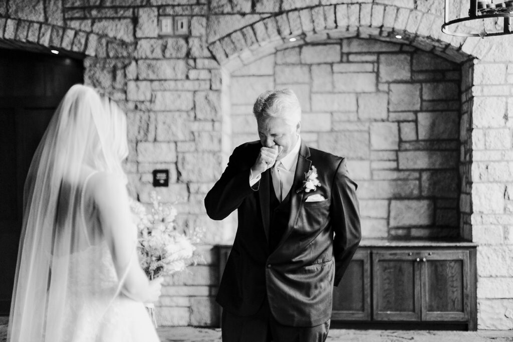 Michelle's dad gets emotional when he sees her in her wedding dress at her Oread wedding in Lawrence KS