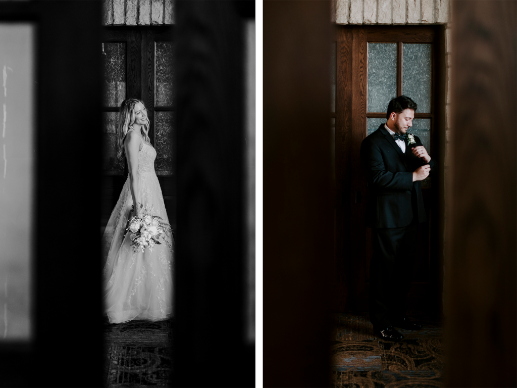 The couple pose as a photographer peeks through a door at the Oread in Lawrence KS