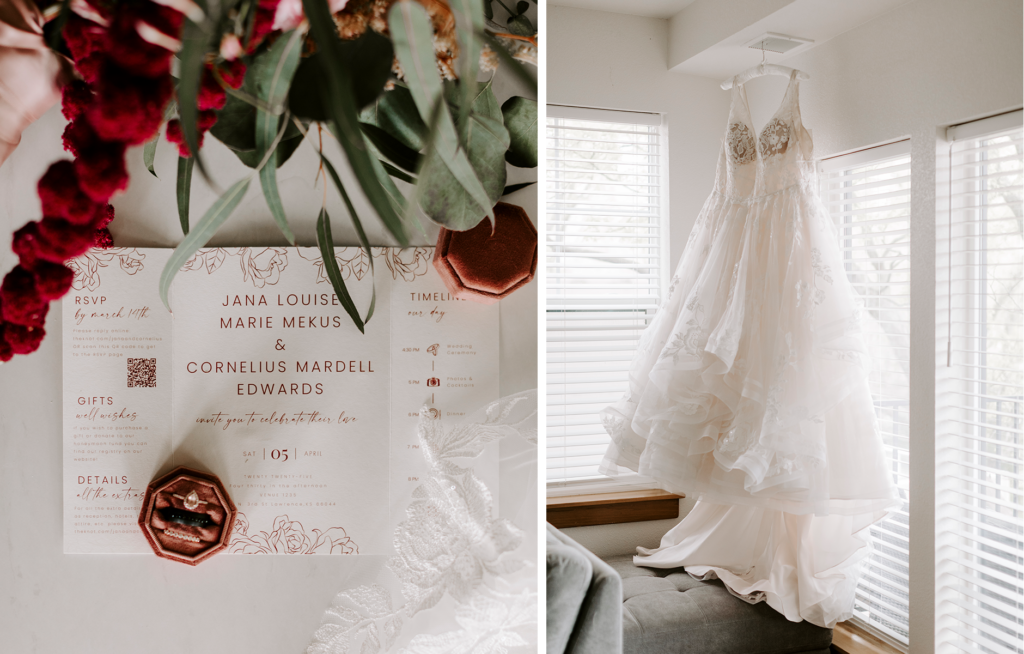 At left are elements from a North Lawrence wedding: flowers, rings, and the couple's announcement. Right, the bride's wedding dress hangs from the ceiling.